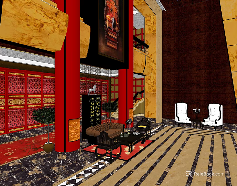 Elegant Hotel Lobby Interior With Red Pillars Marble Flooring And Sofa Seating 3d model 