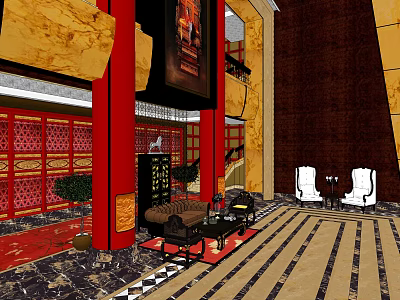 Elegant Hotel Lobby Interior With Red Pillars Marble Flooring And Sofa Seating 3d model
