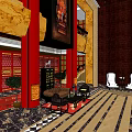 Elegant Hotel Lobby Interior With Red Pillars Marble Flooring And Sofa Seating