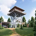 Rustic Wooden Tower Lodge Building Surrounded by Green Trees and Pathway Under Blue Sky