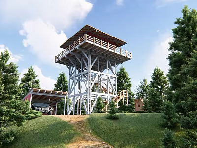 Rustic Wooden Tower Lodge Building Surrounded by Green Trees and Pathway Under Blue Sky 3d model