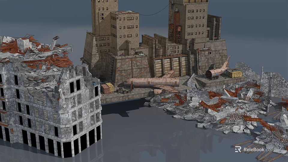Damaged Building Components In Urban Ruins With Concrete Walls And Frames 3d model 