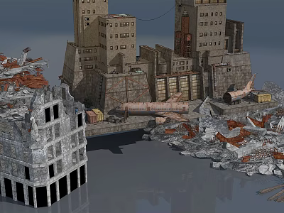 Damaged Building Components In Urban Ruins With Concrete Walls And Frames 3d model