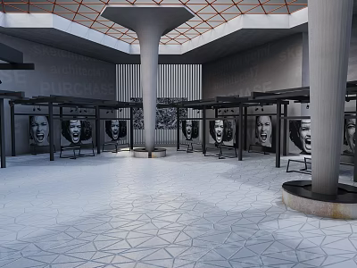 Art Exhibition Interior Space With Columns Geometric Floor And Portrait Displays 3d model