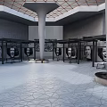 Art Exhibition Interior Space With Columns Geometric Floor And Portrait Displays