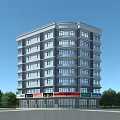 Modern Multi Storey Office Building With Large Windows Ground Floor Shops And Surrounding Trees 3d model