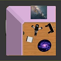 Toy House Interior With Pink Walls Blue Cabinet Telescope And Purple Desk