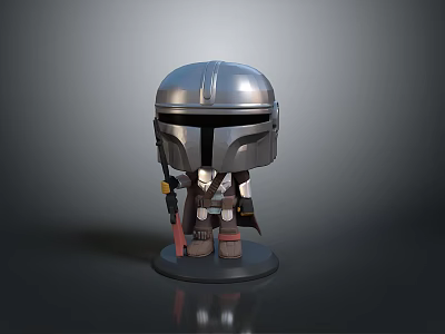 Chibi Style Mandalorian Toy Figure With Silver Helmet Detailed Weapon And Black Base 3d model