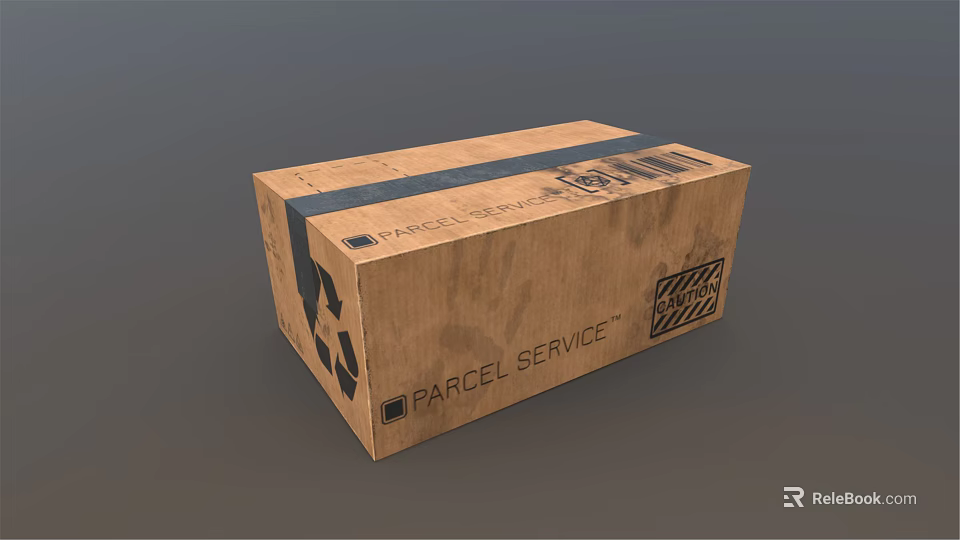 Brown Cardboard Parcel Box With Parcel Service Label And Black Tape For Shipping 3d model 