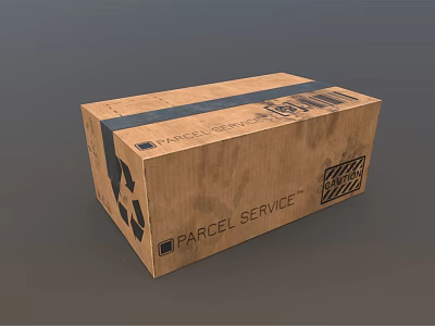 Brown Cardboard Parcel Box With Parcel Service Label And Black Tape For Shipping 3d model