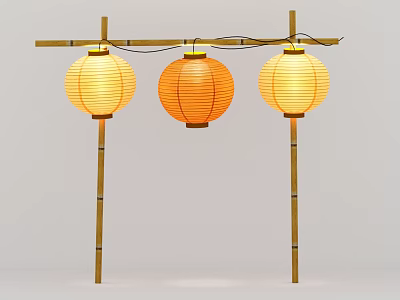 Three Yellow And Orange Paper Lanterns Hanging On Bamboo Stand 3d model