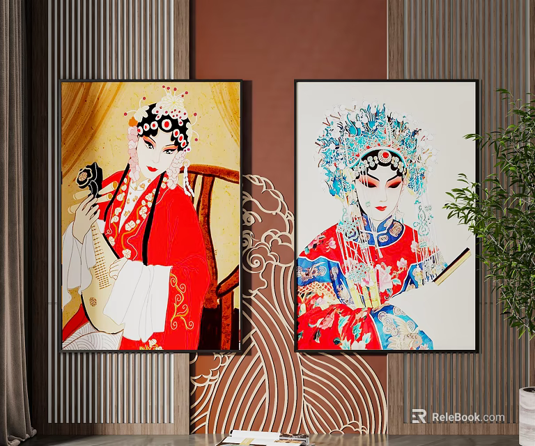 Traditional Chinese Peking Opera Figure Paintings With Vibrant Costumes And Interior Decor 3d model 