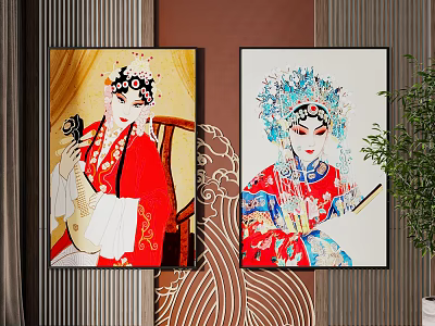 Traditional Chinese Peking Opera Figure Paintings With Vibrant Costumes And Interior Decor 3d model