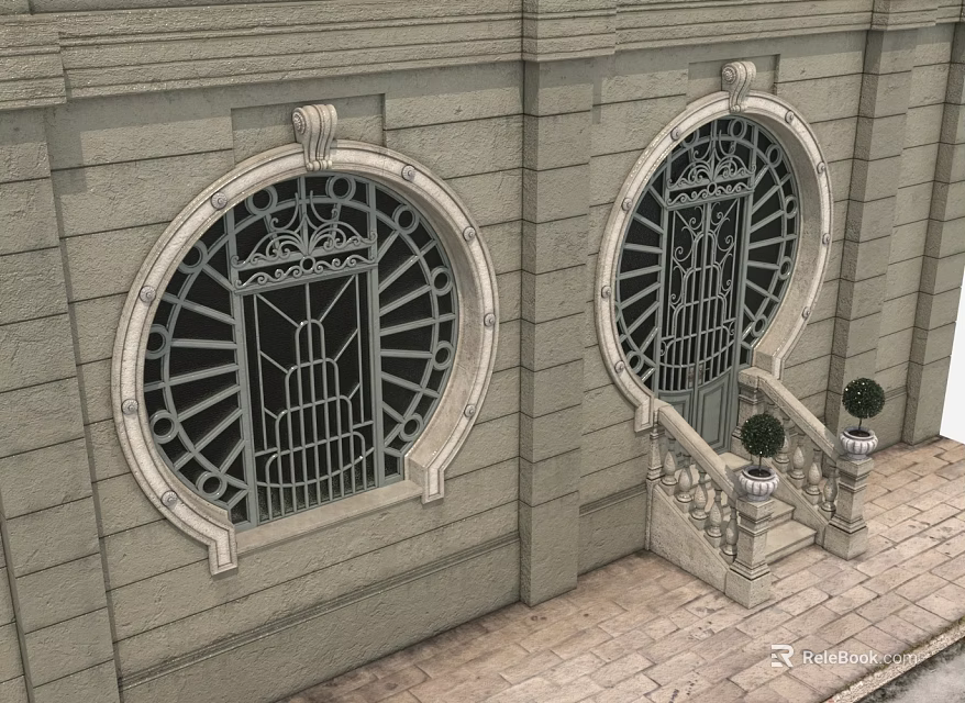 Elegant Swing Door With Circular Wrought Iron Grille On Stone Wall Steps And Potted Plants 3d model 