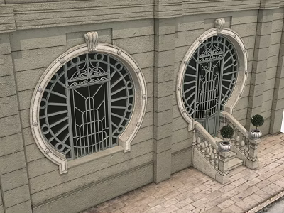 Elegant Swing Door With Circular Wrought Iron Grille On Stone Wall Steps And Potted Plants 3d model