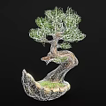 Wooden Bonsai Tree with Curved Trunk Green Leaves Stone Base and Grass Accent Decor
