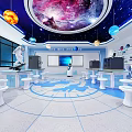 School Modern Science Lab Interior With Starry Sky Ceiling Planet Models Blue Circular Floor And Robot 3d model