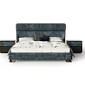 Modern Navy Blue Upholstered Double Bed With Bedside Tables And Pillows 3d model
