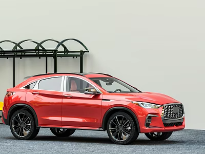 Red Modern SUV With Sleek Body Black Wheels And Outdoor Shelter Background 3d model