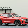 Red Modern SUV With Sleek Body Black Wheels And Outdoor Shelter Background