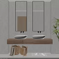 Modern Bathroom Vanity With Double Sinks Wooden Countertop Mirrors Above Gray Walls Potted Plant Baskets