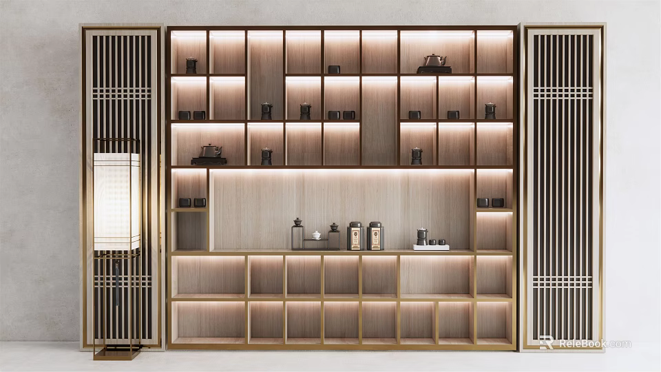Modern Chinese Style Decorative Cabinet With Lattice Sides Lighting Shelves And Tea Sets On Countertop 3d model 
