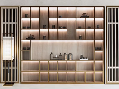 Modern Chinese Style Decorative Cabinet With Lattice Sides Lighting Shelves And Tea Sets On Countertop 3d model