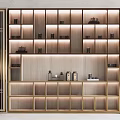 Modern Chinese Style Decorative Cabinet With Lattice Sides Lighting Shelves And Tea Sets On Countertop