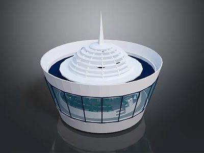 Modern Circular Architectural Structure With White Spire Blue Base And Glass Windows 3d model