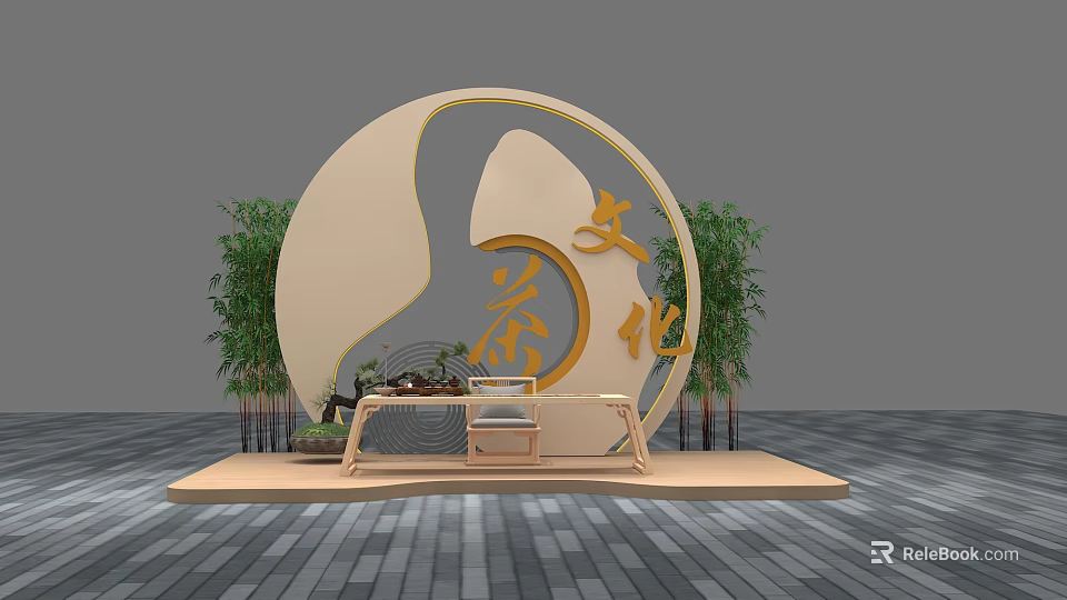 Chinese Style Tea Break Area With Circular Tea Culture Decor Bamboo Plants And Tea Table 3d model 