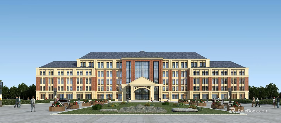 Traditional Modern School Building With Yellow Red Exterior Dark Roof And Green Lawns 3d model 