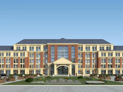 Traditional Modern School Building With Yellow Red Exterior Dark Roof And Green Lawns 3d model