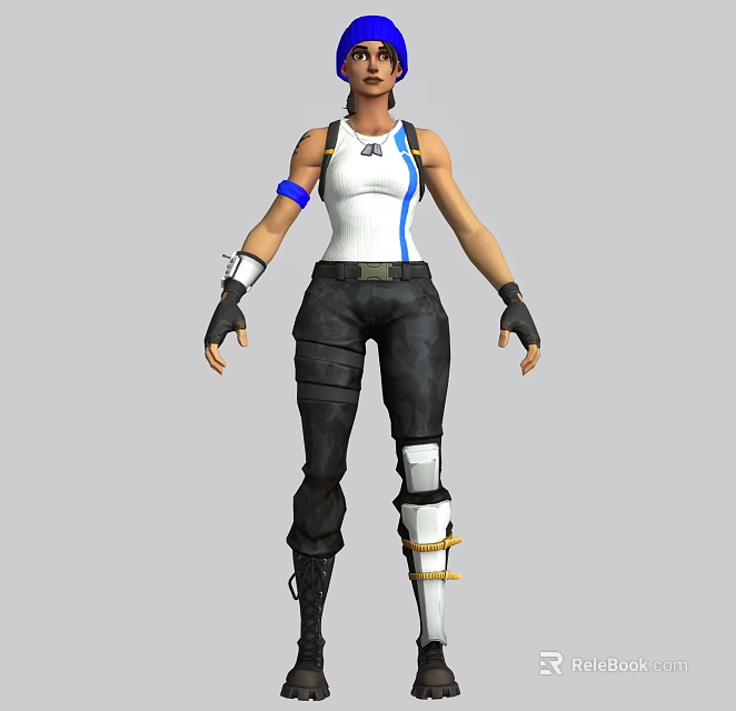 Game Movie Character In White Tank Top With Blue Stripe Black Tactical Pants And Gloves 3d model 