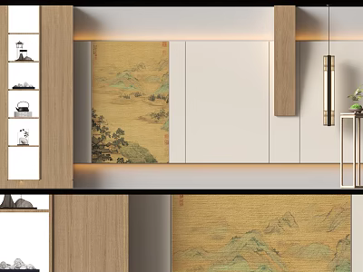 Chinese Style Interior Design With Landscape Painting Background Wall Wooden Decor And White Cabinets 3d model