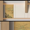 Chinese Style Interior Design With Landscape Painting Background Wall Wooden Decor And White Cabinets