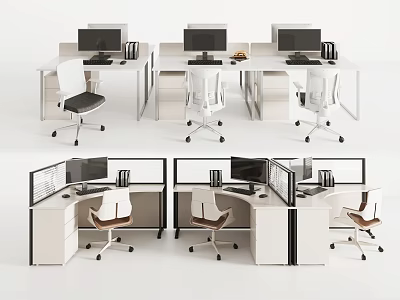 Modern Office Desks with Ergonomic Chairs Computer Monitors and Partitions Layout Setup 3d model