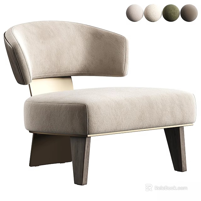 Modern Comfortable Accent Chair With Curved Backrest Light Beige Upholstery And Wooden Legs 3d model 