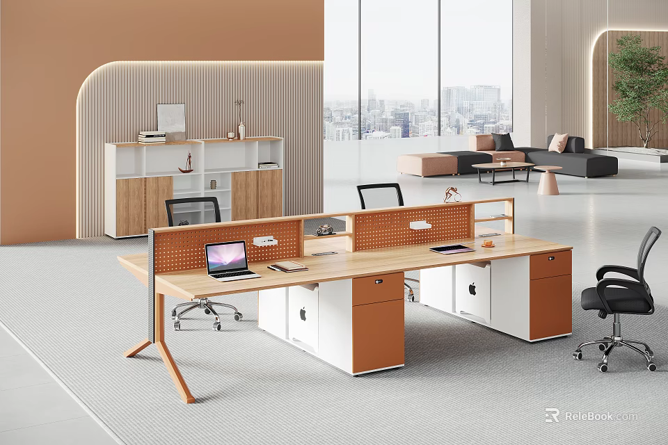Modern Office Desk In Open Office With Partition Laptop Storage Cabinets And City View 3d model 