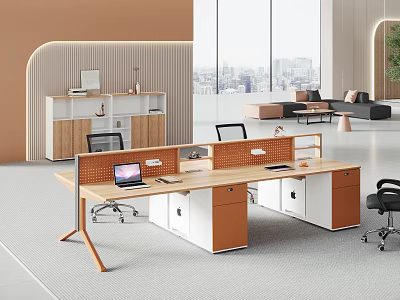 Modern Office Desk In Open Office With Partition Laptop Storage Cabinets And City View 3d model