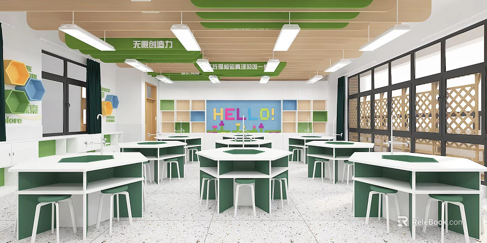 School Classroom Interior With Open Layout Desks Chairs Green Decorations Bookshelves Colorful Wall And Windows 3d model 