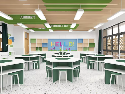 School Classroom Interior With Open Layout Desks Chairs Green Decorations Bookshelves Colorful Wall And Windows 3d model