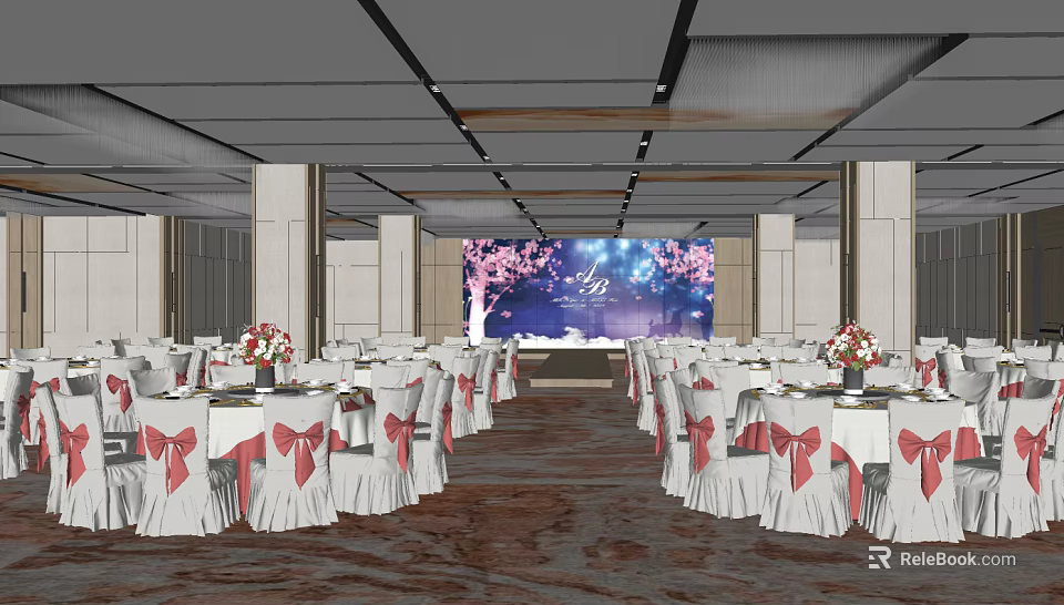 Banquet Hall With White Tablecloths Red Bow Chairs And Cherry Blossom Stage Backdrop 3d model 