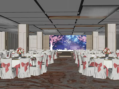 Banquet Hall With White Tablecloths Red Bow Chairs And Cherry Blossom Stage Backdrop 3d model