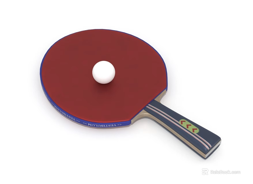 Red Table Tennis Racket With Blue Edge And White Ball On Surface 3d model