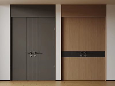 Modern Interior Double Doors Dark Gray And Light Brown With Metal Handles And Panel Design 3d model