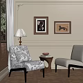 Classic Accent Chairs With Patterned Neutral Upholstery By Window Blinds Framed Art And Side Table 3d model