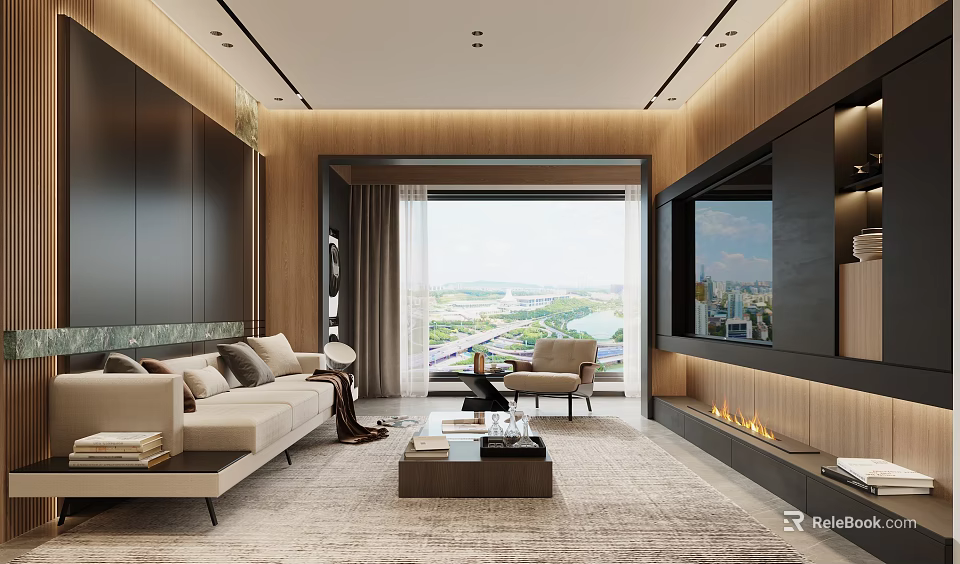 Modern Living Dining Room Interior With Sofa Coffee Table Fireplace And Floor To Ceiling Window 3d model 
