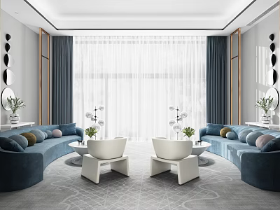 Modern Living Room Interior With Blue Sofa White Chairs Round Coffee Tables And Green Plants 3d model