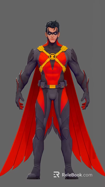 Game and Movie Character Red Black Superhero Suit With Yellow Accents Red Cape Chest Emblem 3d model 