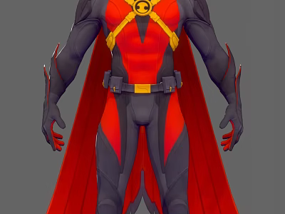 Game and Movie Character Red Black Superhero Suit With Yellow Accents Red Cape Chest Emblem 3d model